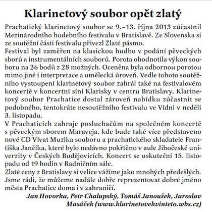 Klarinetový soubor opět zlatý / Radniční list Prachatice listopad 2013