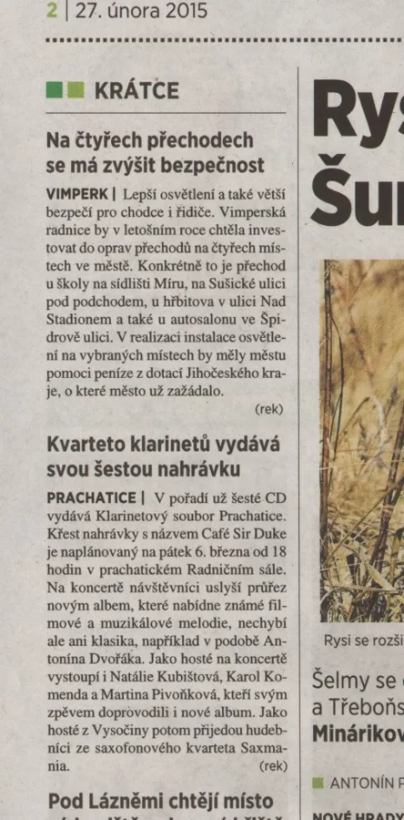 Kvartet klarinetů vydává svou šestou nahrávku / 5+2 Šumava 27.2.2015