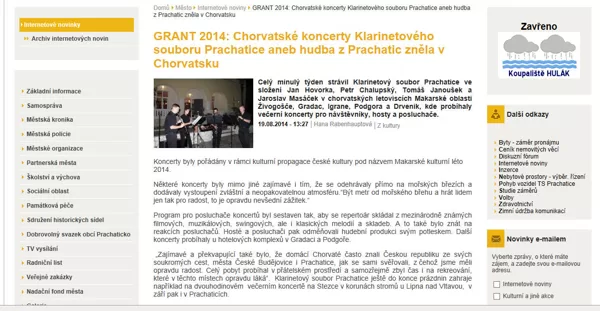 Klarinetový soubor Prachatice - koncerty v Chorvatsku / Web města Prachatice 24.8.2014