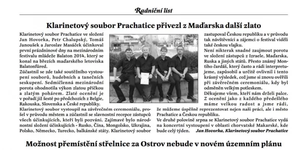 Klarinetový soubor Prachatice přivezl z Mad'arska další zlato / Radniční list Prachatice srpen 2014