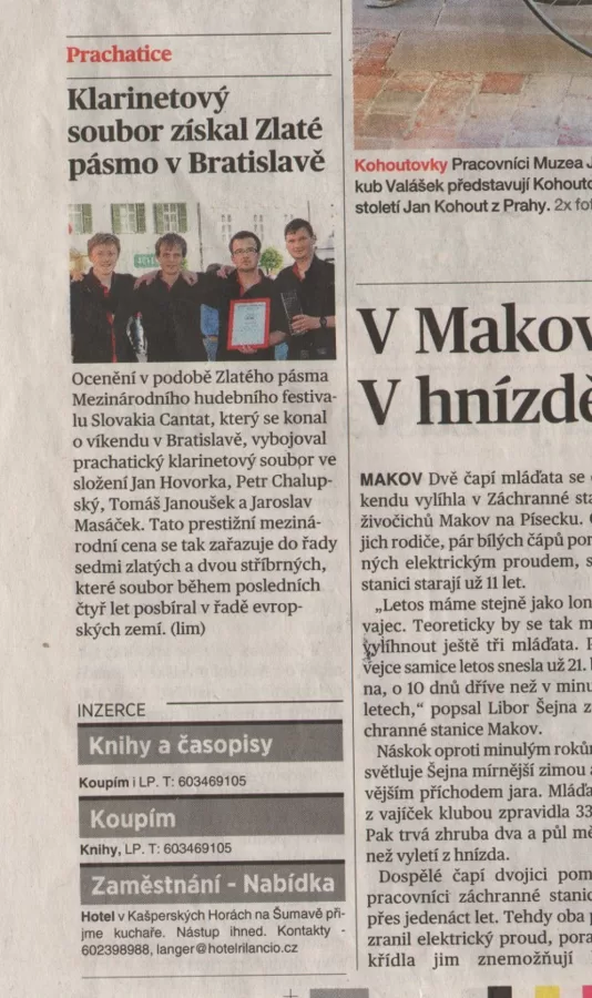 Klarinetový soubor získal zlaté pásmo v Bratislavě / MF Dnes Jižní Čechy 28.4.2015