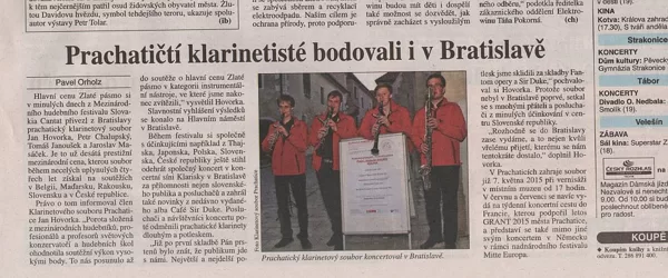 Prachatičtí klarinetisté bodovali v Bratislavě / Deník Právo Jihozápadní Čechy 29.4.2015