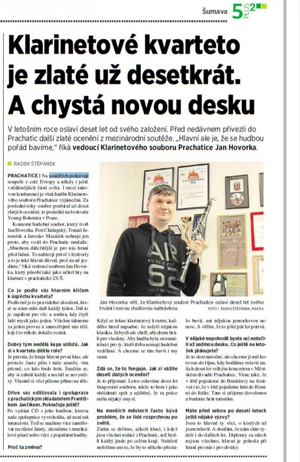 Klarinetové kvarteto je zlaté už desetkrát a chystá novou desku / 5+2 Šumava 1.4.2016