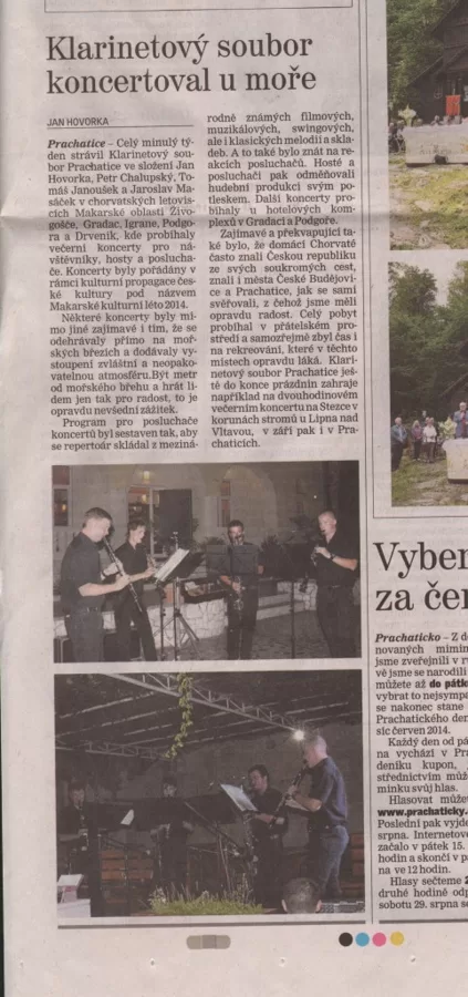 Klarinetový soubor koncertoval u moře / Prachatický deník 19.8.2014