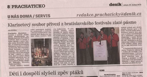 Klarinetový soubor přivezl z festivalu zlaté pásmo / Prachatický deník 29.4.2015