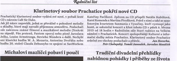 Klarinetový soubor Prachatice pokřtí nové CD / Radniční list Prachatice únor 2015
