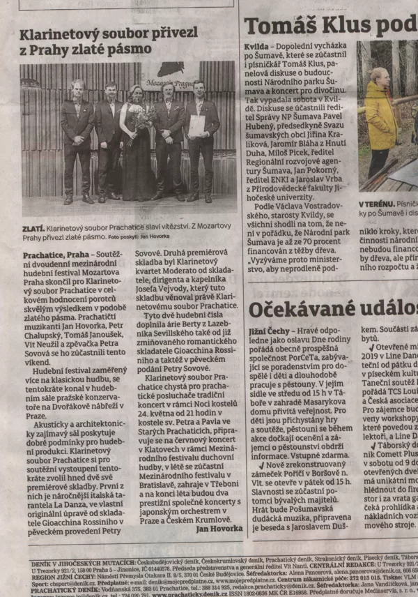 Klarinetový soubor přivezl z Prahy zlaté pásmo / Prachatický deník 13.5.2019