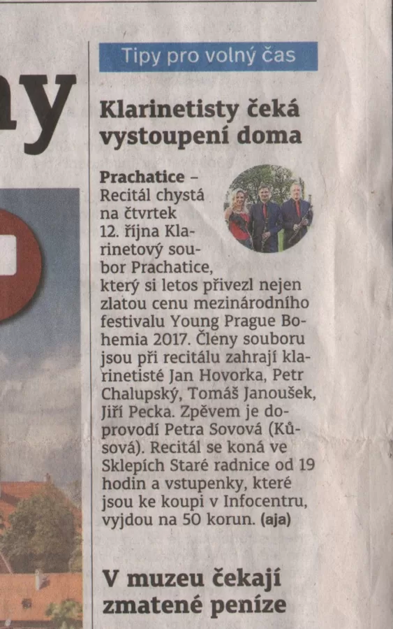 Klarinetisty čeká vystoupení doma / Prachatický deník 11.10.2017