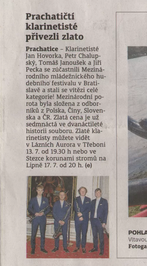 Prachatičtí klarinetisté přivezli zlato / Prachatický deník 10.7.2018