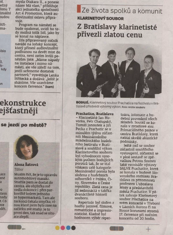 Z Bratislavy klarinetosté přivezli Zlatou cenu / Prachatický deník 11.7.2018