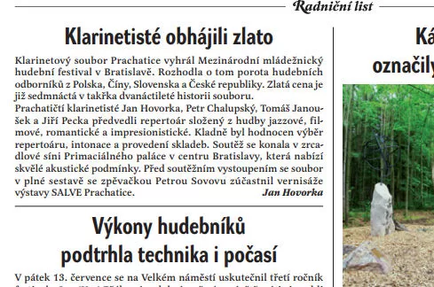 Klarinetisté obhájili zlato / Radniční list Prachatice srpen 2018