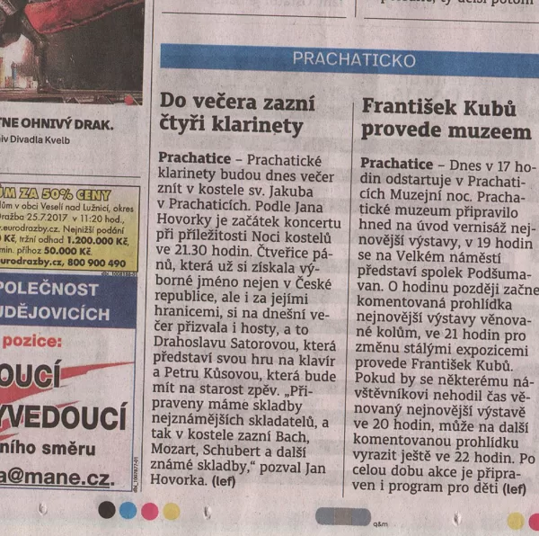 Do večera zazní čtyři klarinety / Prachatický deník 9.6.2017