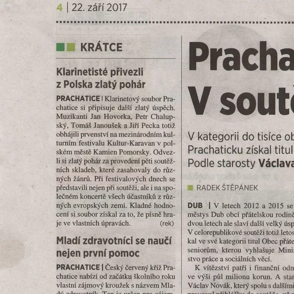 Klarinetisté přivezli z Polska zlatý pohár / 5+2 Šumava 22.9.2017