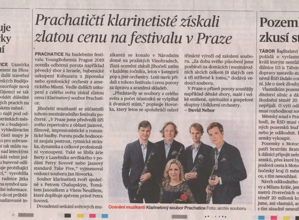 Prachatičtí klarinetisté získali zlatou cenu na festivalu v Praze / Mladá Fronta Dnes 26.3.2019