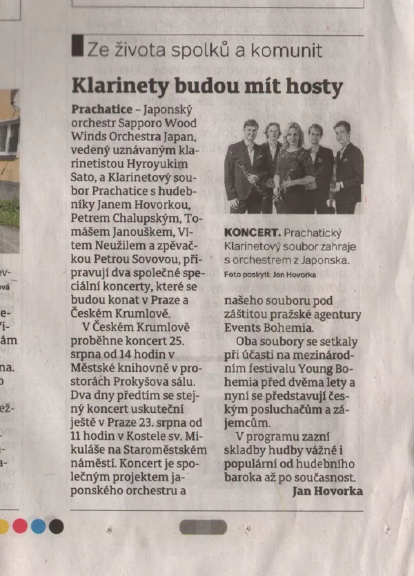Klarinety budou mít hosty / Prachatický deník, 13.8.2019