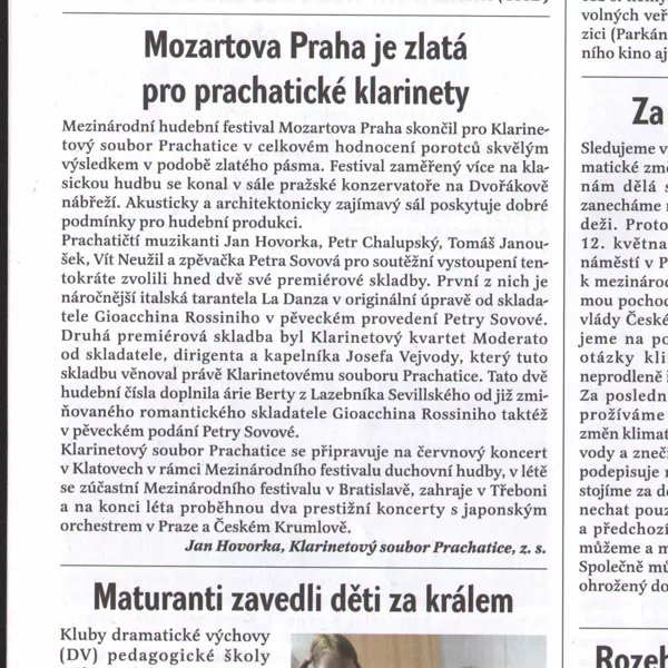 Mozartova Praha zlatá pro prachatické klarinety / Radniční list Prachatice, červen 2019