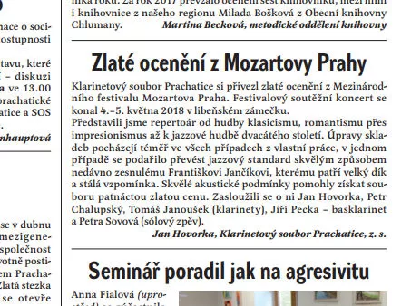 Zlaté ocenění z Mozartovy Prahy / Radniční list Prachatice, červen 2018