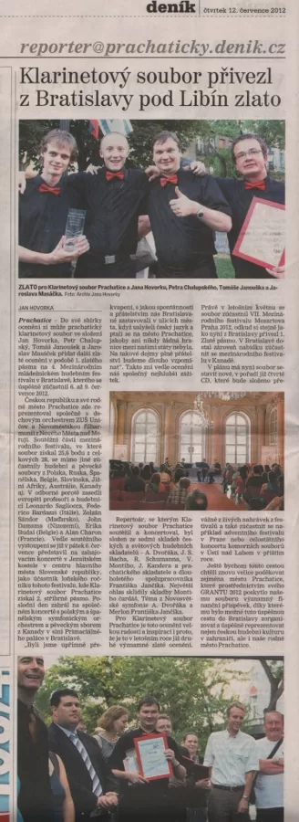 Klarinetový soubor přivezl z Bratislavy pod Libín zlato / Prachatický deník 12.7.2012