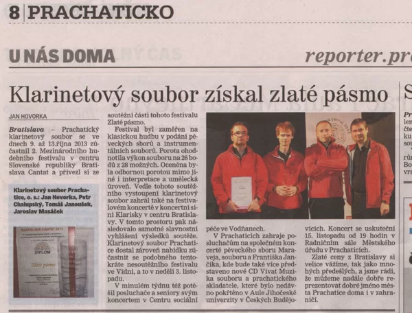 Klarinetový soubor získal zlaté pásmo / Prachatický deník 17.10.2013