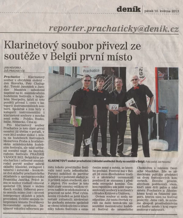 Klarinetový soubor přivezl ze soutěže v Belgii první cenu / Prachatický deník 10.5.2013