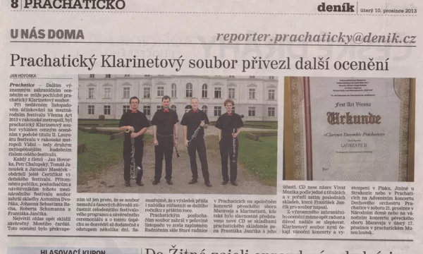 Prachatický klarinetový soubor přivezl další ocenění / Prachatický deník 10.12.2013