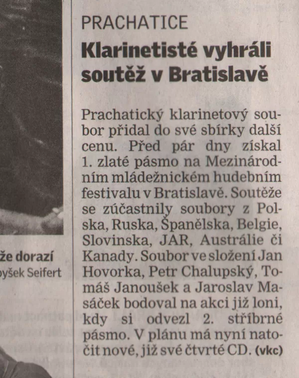 Klarinetisté vyhráli soutěž v Bratislavě / Českobudějovický deník 12.7.2012