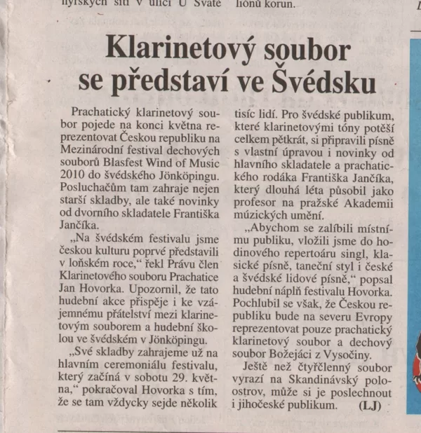 Klarinetový soubor se představí ve Švédsku / Deník Právo Jižní Čechy 19.5.2010