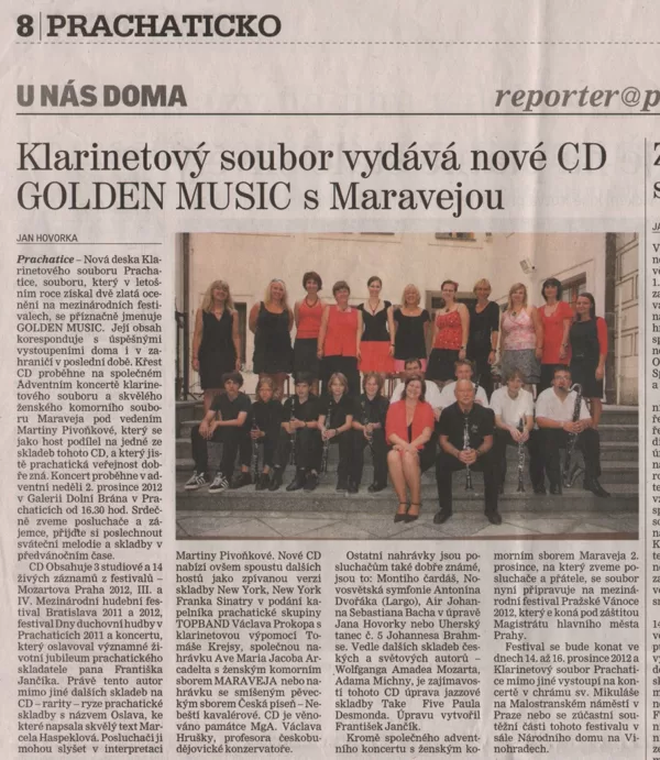 Klarinetový soubor vydává nové CD GOLDEN MUSIC s Maravejou / Prachatický deník 27.11.2012