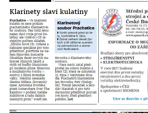 Klarinety slaví kulatiny / Prachatický deník 7.10.2016