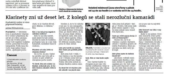 Klarinety zní už deset let.Z kolegů se stali nerozluční kamarádi / Prachatický deník 7.10.2016
