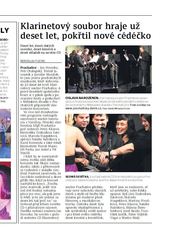 Klarinetový soubor hraje už deset let, pokřtil nové cedečko / Prachatický deník 26.10.2016