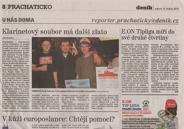 Klarinetový soubor má další zlato / Prachatický deník 12.4.2014