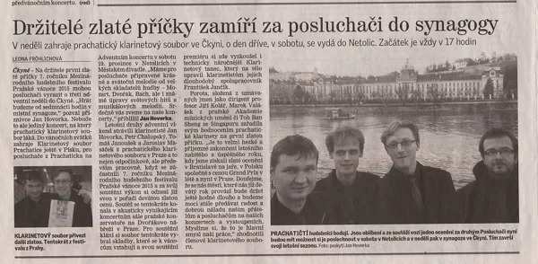 Držitelé zlaté příčky zamíří za posluchači do synagogy / Prachatický deník 16.12.2015