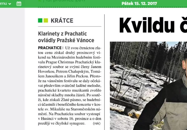 Klarinety z Prachatic ovládly Pražské vánoce / 5+2 Šumava 15.12.2017