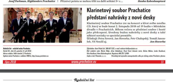 Klarinetový soubor Prachatice představí nahrávky z nové desky / Radniční list Prachatice, říjen 2018