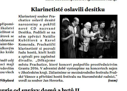 Klarinetisté oslavili desítku / Radniční list Prachatice listopad 2016