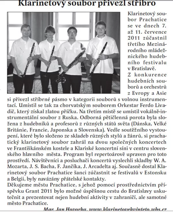 Klarinetový soubor přivezl stříbro / Radniční list Prachatice srpen 2011