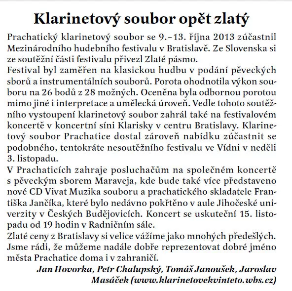 Klarinetový soubor opět zlatý / Radniční list Prachatice listopad 2013