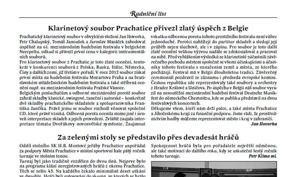 Klarinetový soubor Prachatice přivezl zlatý úspěch z Belgie / Radniční list červen 2013