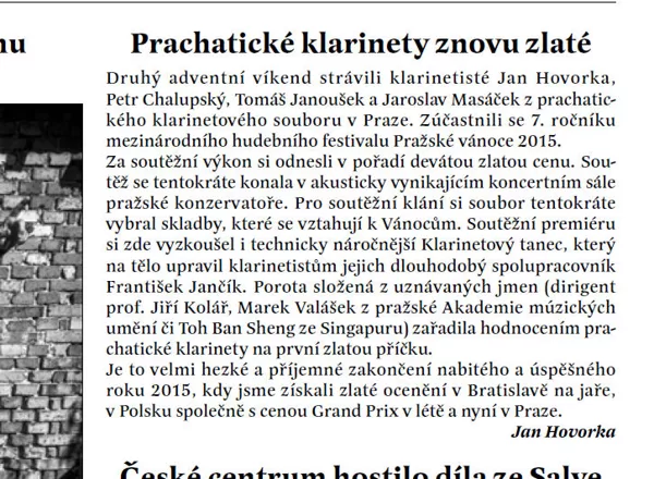 Prachatické klarinety znovu zlaté / Radniční list prachatice leden 2016