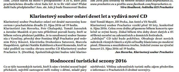 Klarinetový soubor oslaví deset let a vydává nové CD / Radniční list Prachatice říjen 2016
